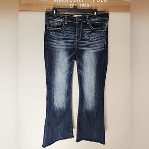 BKE Payton Mid-Rise Cropped Flare Jeans Dark Wash Raw Hem Stretch Denim 34x27